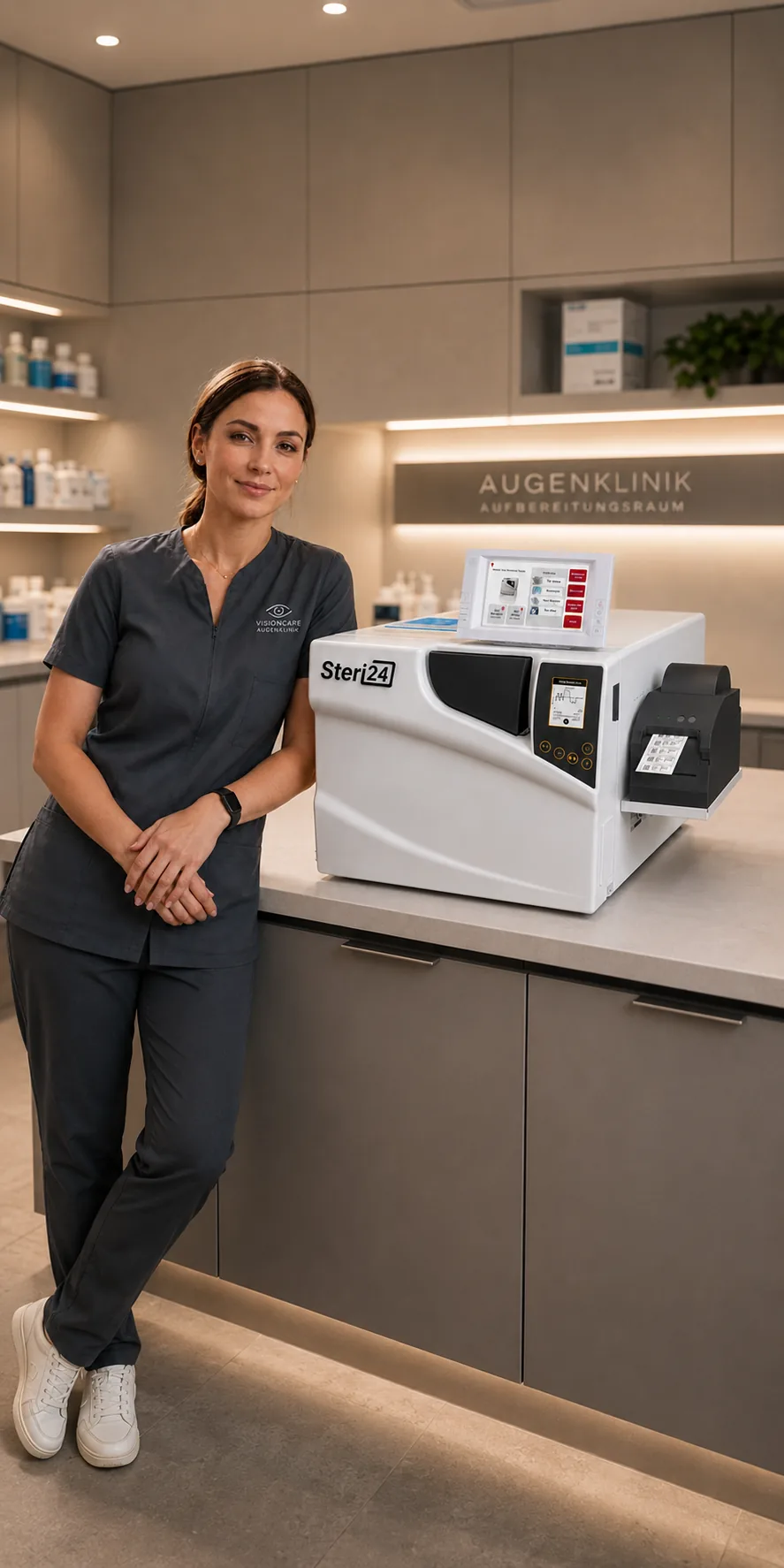 Anwenderin mit Steri24 Klasse B Autoklav Premium 12 L in der Praxis