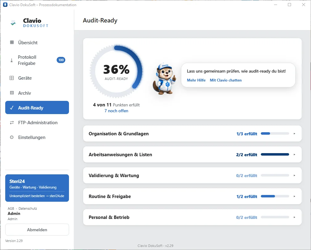 ClavioSoft Audit-Ready-Check mit Fortschrittsanzeige und Kategorien