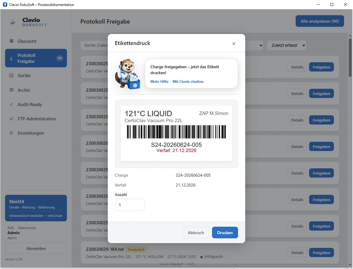ClavioSoft: Etiketten für autoklavierte Instrumente aus dem Protokoll drucken