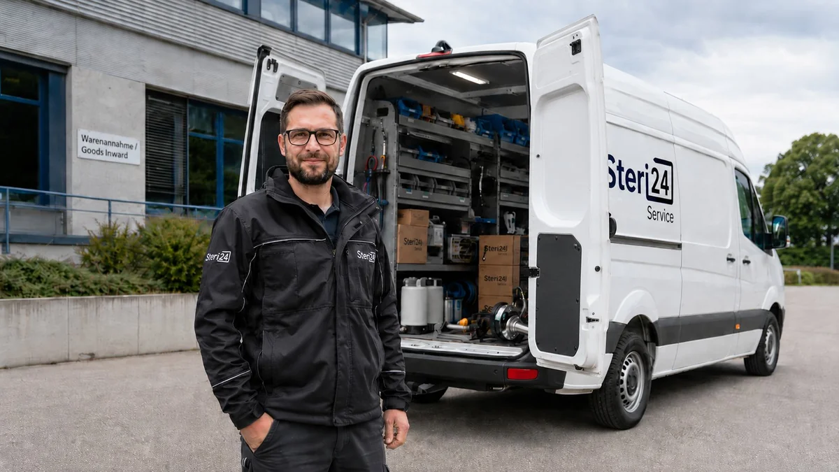 Véhicule de service Steri24 — équipé de matériel de mesure et de pièces de rechange