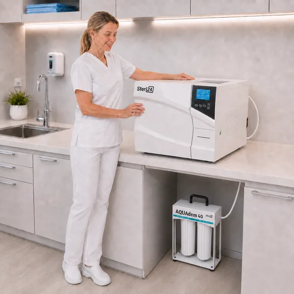 Autoklav mit angeschlossener Wasseraufbereitung AQUAdem 40 unter der Arbeitsplatte