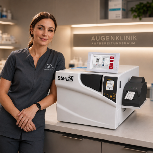 Anwenderin mit Steri24 Klasse B Autoklav Premium 12 L in der Praxis
